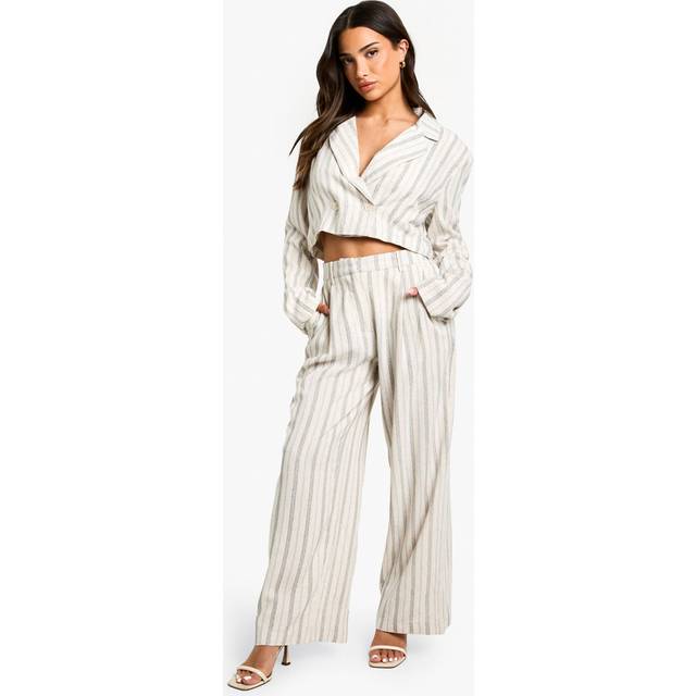 Womens Petite Stripe Linen Look Wide Leg Trouser - White - 14