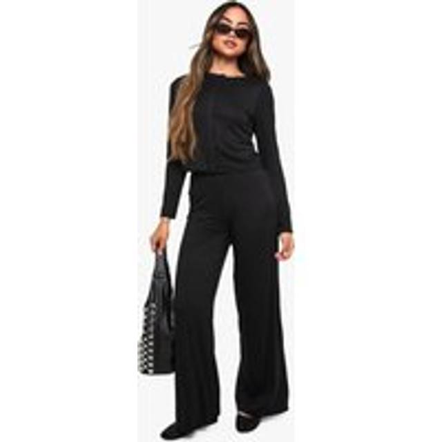 Womens Supersoft Popper Long Sleeve Top And Straight Leg Trouser Set - Black - 10, Black