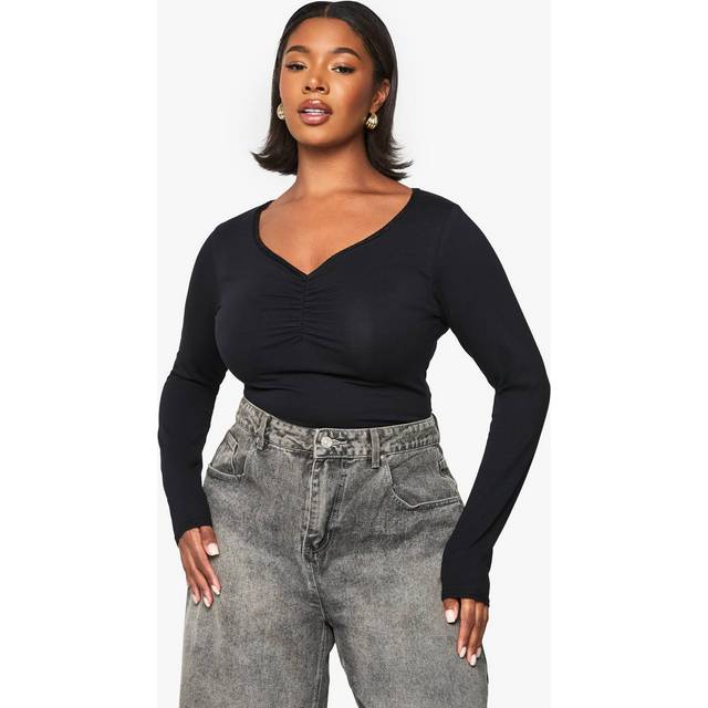 Womens Plus Lace Trim Ruched Long Sleeve Top - Black - 22, Black