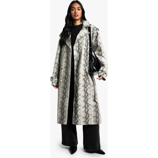 Womens Snake Print Faux Leather Maxi Trench Coat - Grey - 12, Grey