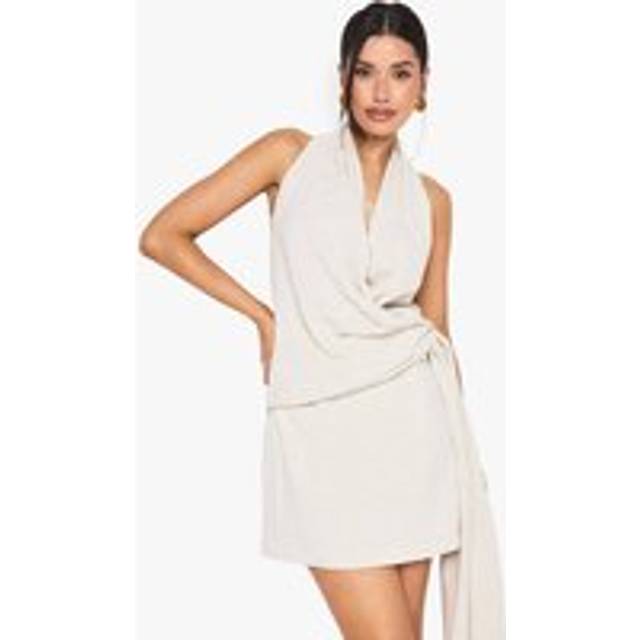 Womens Tall Linen Look Drape Cowl Wrap Mini Dress - Beige - 8