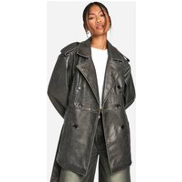 Womens Short Vintage Look Faux Leather Trench Coat - Black - 14, Black