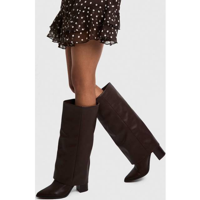 Womens Wide Fit Textured Foldover Stacked Heel Knee High Boots - Brown - 3, Brown