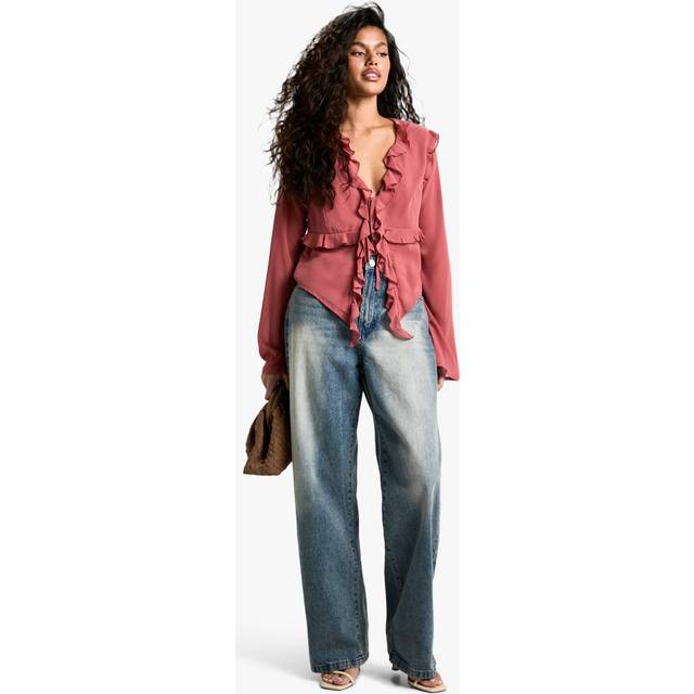 Womens Chiffon Ruffle Tie Front Blouse - Pink - 12