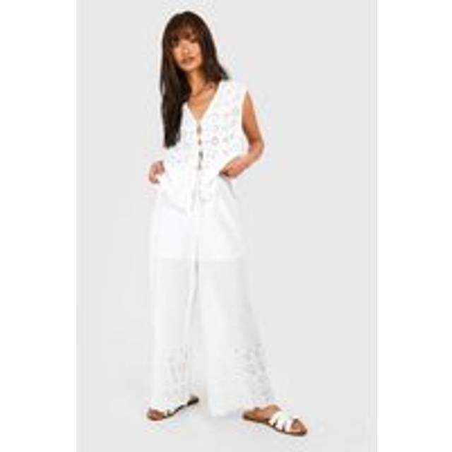 Womens Broderie Straight Leg Trousers - White - 14, White