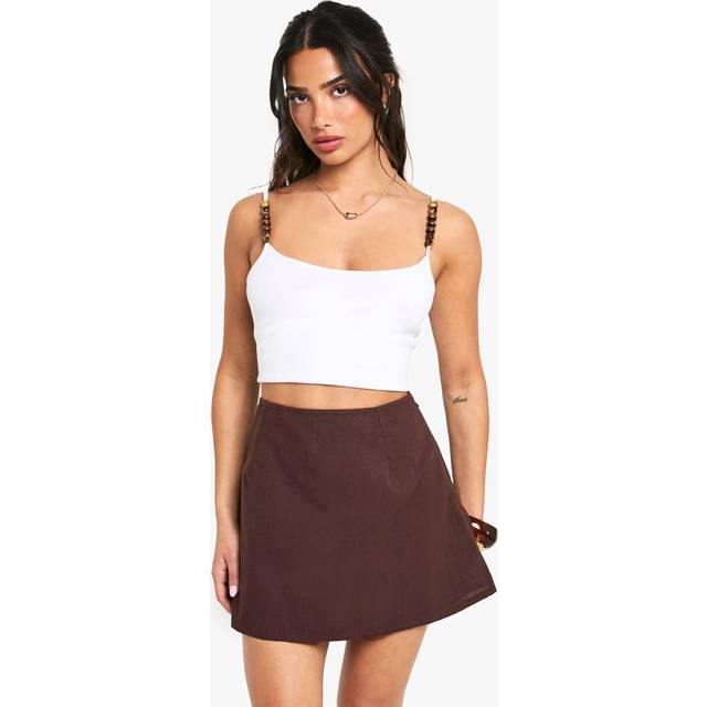 Womens Petite Linen A Line Mini Skirt - Brown - 10, Brown