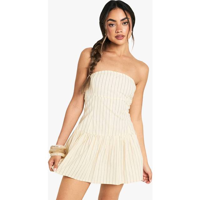 Womens Stripe Linen Look Button Down Peplum Mini Dress - Cream - 12, Cream