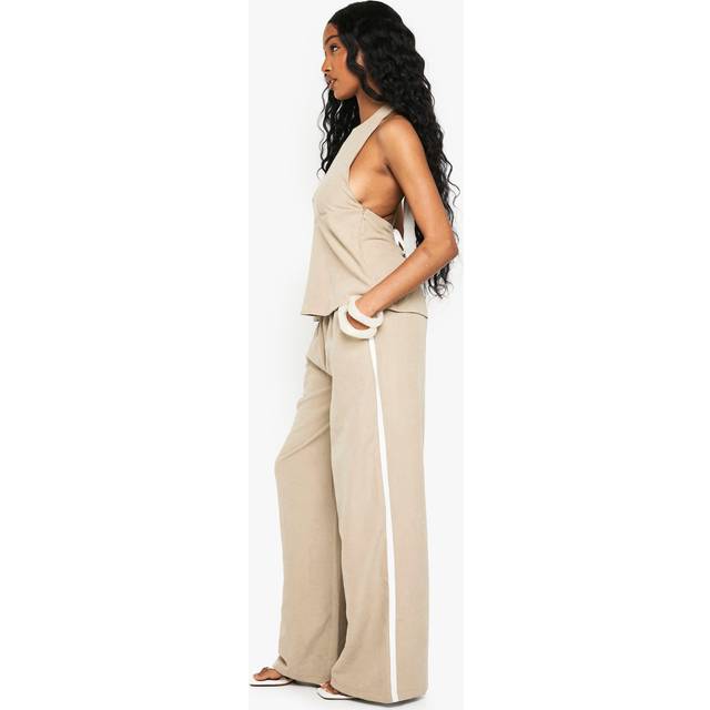 Womens Peached Halterneck Top & Side Stripe Trouser Co-ord - Beige - 6