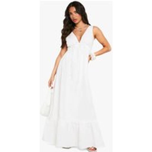 Womens Petite Cotton Poplin Ruched Tiered Maxi Dress - White - 18