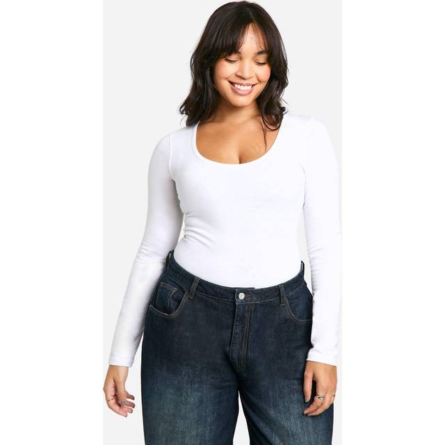 Womens Plus Cotton Scoop Neck Long Sleeve Bodysuit - White - 18