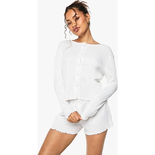 Womens Pointelle Lettuce Hem Button Through Long Sleeved Top & Shorts Pyjama Set - White - 8