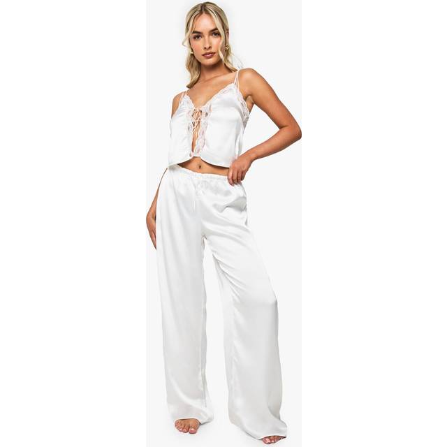 Womens Bridal Satin Wide Leg Pyjama Trousers - White - 12, White