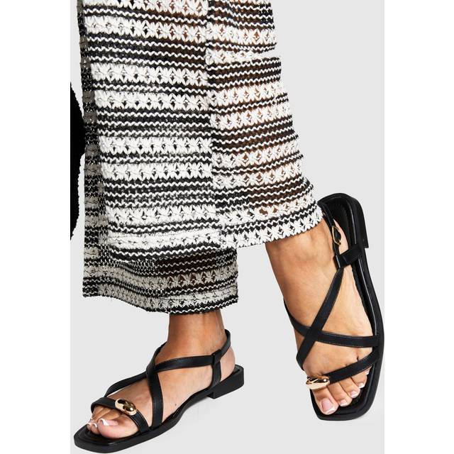 Womens Gold Hardware Strappy Cross Over Flat Sandals - Black - 3, Black