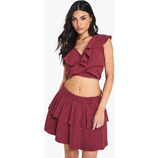 Womens Cheesecloth Ruffle Wrap Crop Top - Red - 12, Red