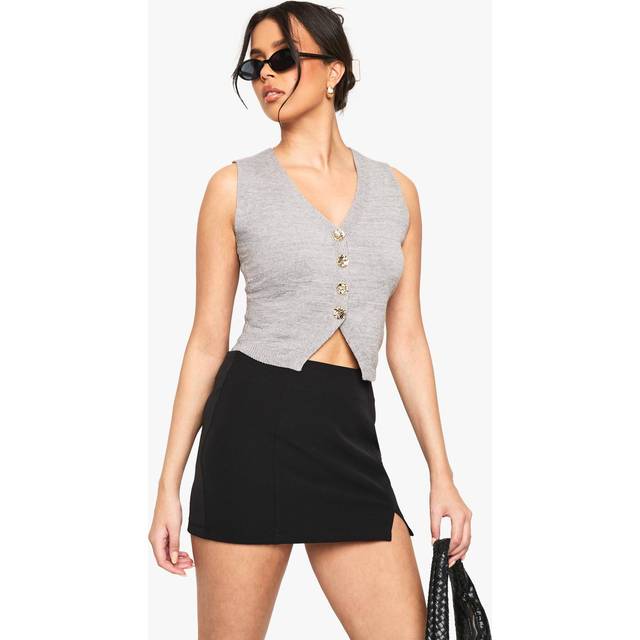 Womens Soft Knit Gold Button Waistcoat - Grey - L, Grey