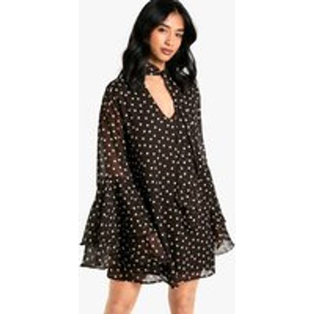 Womens Petite Polkadot Flare Sleeve Chiffon Smock Dress - Brown - 6