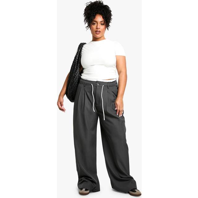 Womens Plus Fray Hem Double Waistband Wide Leg Woven Trousers - Grey - 28