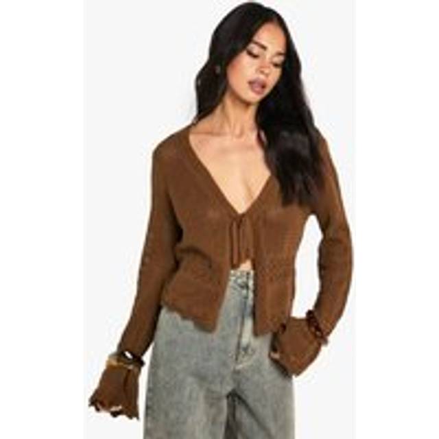 Womens Crochet Knitted Tie Front Flare Sleeve Cardigan - Brown - S, Brown