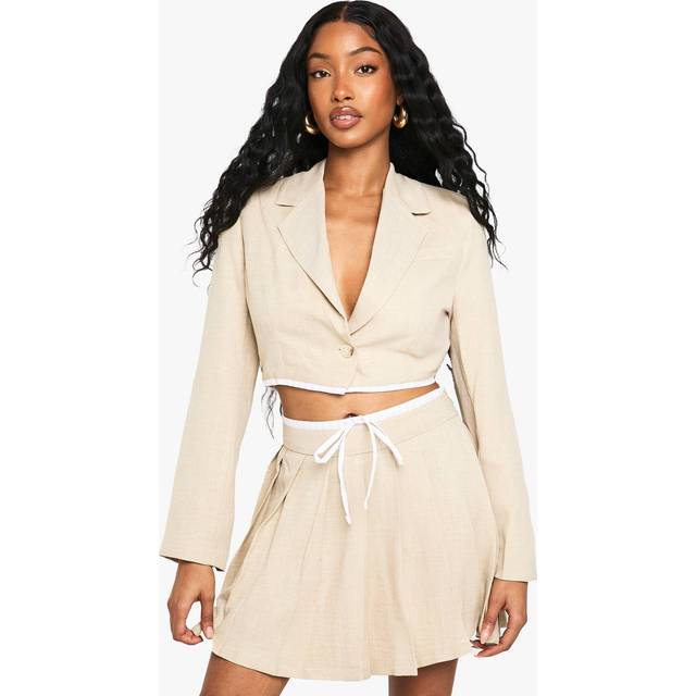 Womens Tailored Woven Cropped Contrast Hem Blazer - Stone - 10
