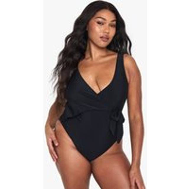 Womens Plus Swimwear Essentials Tummy Control Wrap Swimsuit - Black - 24