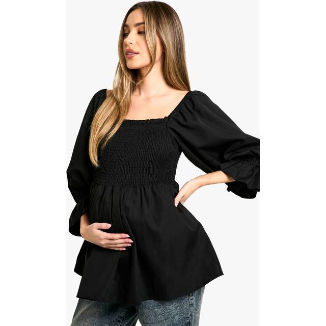 Womens Maternity Woven Shirred Long Sleeve Smock Top - Black - 12