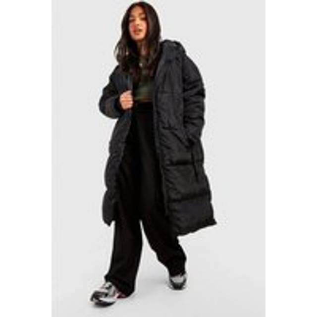 Womens Petite Hooded Longline Padded Puffer Jacket - Black - 14