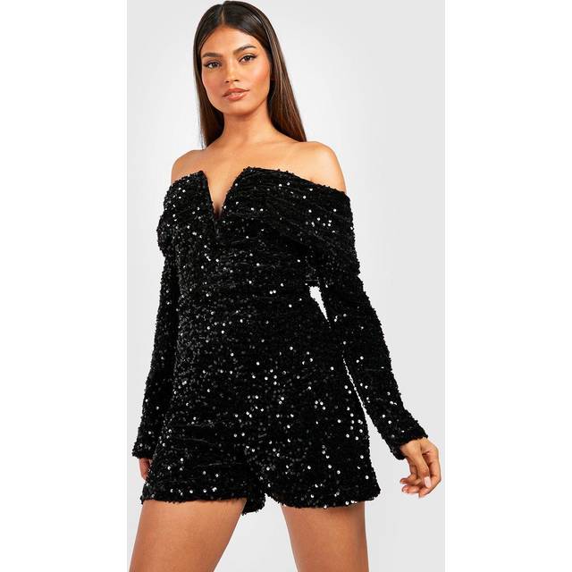 Womens Sequin Bardot Plunge Playsuit - Black - 8, Black