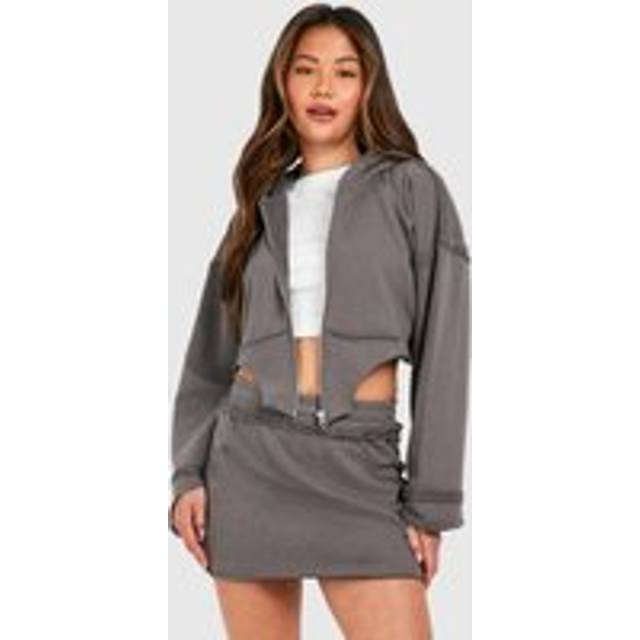 Womens Corset Hem Zip Through Hooded And Sweat Skirt Set - Grey - M, Grey