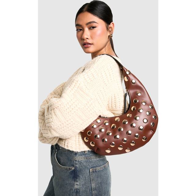 Womens Half Moon Studded Leather Look Shoulder Bag - Brown - One Size