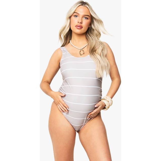 Womens Maternity Stripe Ruched Bump Support Swimsuit - Beige - 14