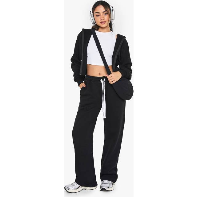 Womens Cinched Waist Hoodie Straight Leg Tracksuit - Black - L, Black
