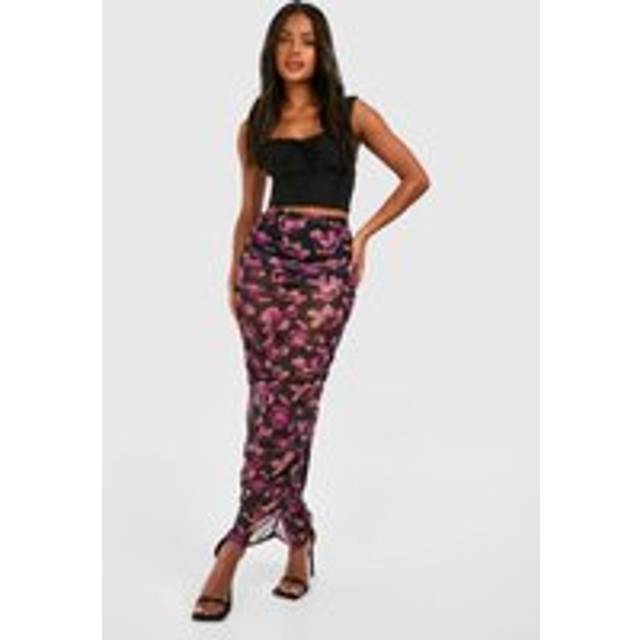 Womens Ruched Mesh Floral Printed Maxi Skirt - Black - 10
