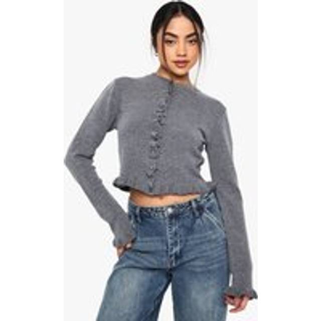Womens Ruffle Front Lightweight Knitted Cardigan - Grey - XS