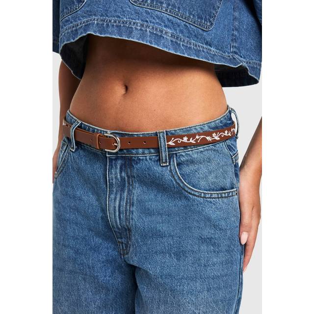 Womens Flower Embroidered Skinny Belt - Brown - M/L, Brown