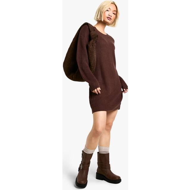 Womens Basic Crew Neck Jumper Dress - Brown - 8, Brown