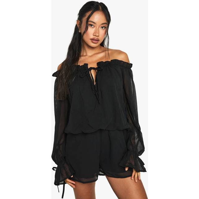 Womens Chiffon Bardot Dropped Waist Playsuit - Black - 8