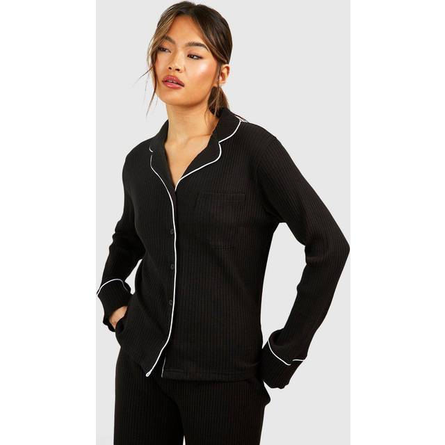 Womens Loungewear Rib Long Sleeve Button Front Shirt - Black - 12