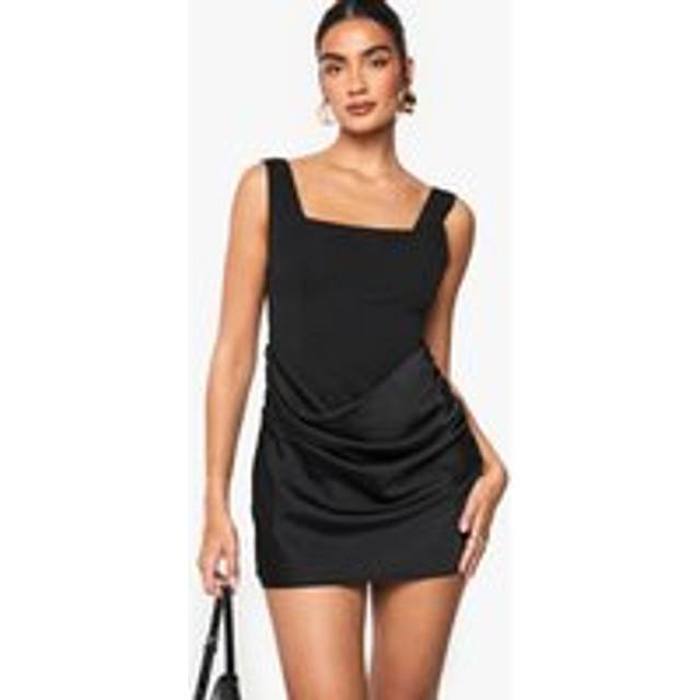Womens Satin Drape Jacquard Detail Square Neck Mini Dress - Black - 8, Black