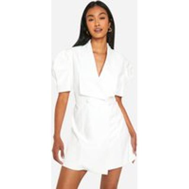 Womens Bow Detail Puff Sleeve Blazer Dress - White - 10, White