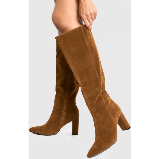Womens Faux Suede Wide Fit Pointed Toe Knee High Boots - Beige - 5, Beige
