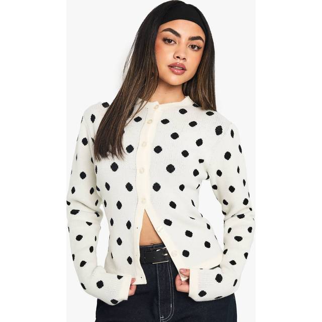 Womens Polka Dot Crew Neck Knitted Cardigan - White - M
