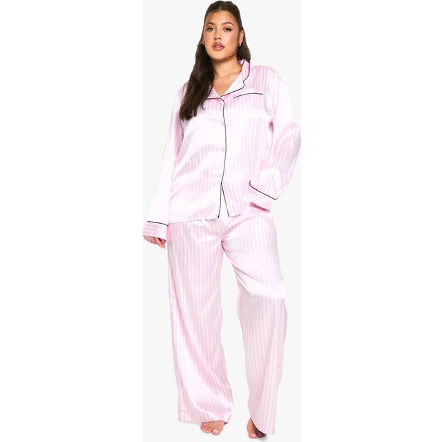 Womens PLUS CANDY STRIPE SATIN BUTTON THROUGH SHIRT & TROUSER PYJAMA SET - Pink - 18