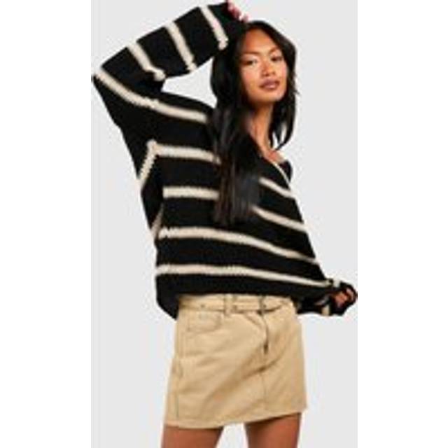 Womens Chunky Oversized Stripe V Neck Jumper - Black - S