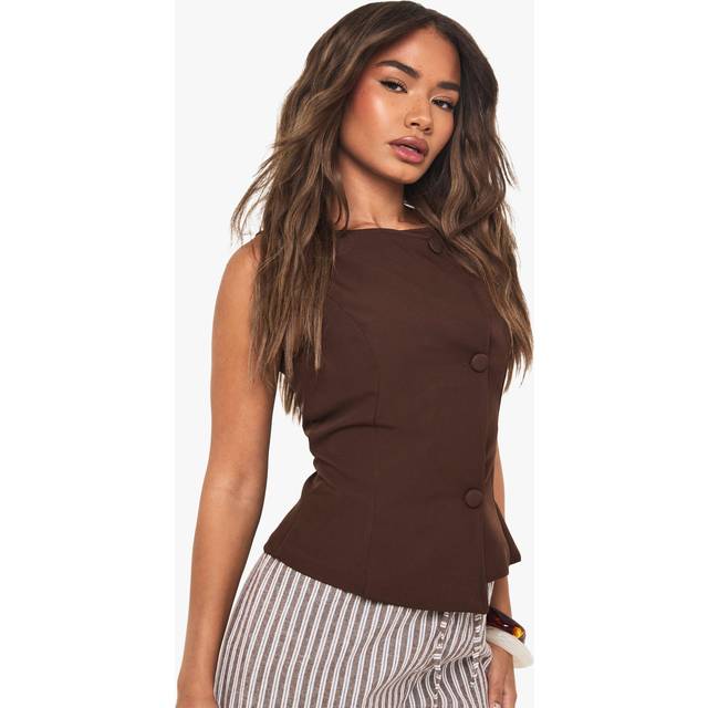 Womens Tailored Boat Neck Button Waistcoat - Brown - 12, Brown