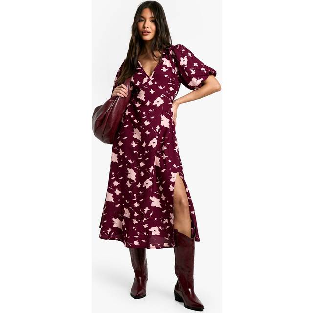 Womens Blur Floral Print Midaxi Dress - Red - 12