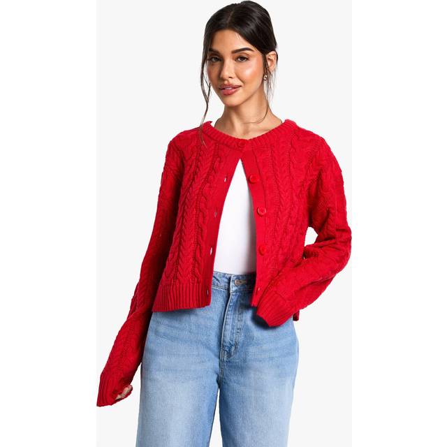 Womens Cable Knitted Cardigan - Red - M
