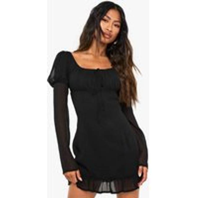 Womens Crinkle Chiffon Long Sleeve Mini Dress - Black - 8