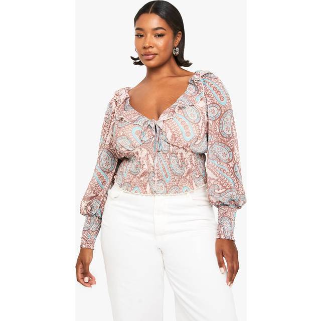 Womens Plus Paisley Shirred Waist Plunge Blouse - Cream - 26, Cream