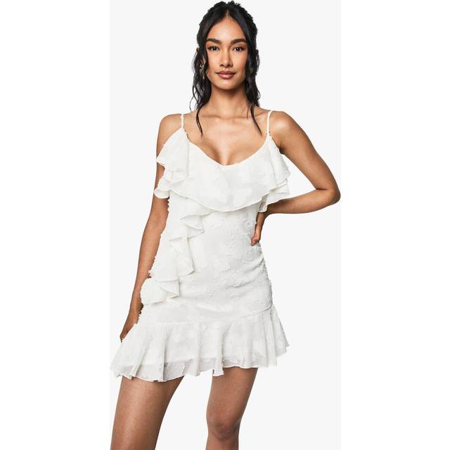Womens Floral Burnout Ruffle Mini Dress - Ivory - 14