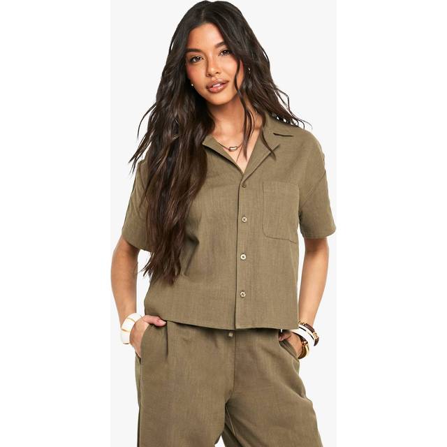 Womens Linen Look Short Sleeve Shirt - Green - 6, Green